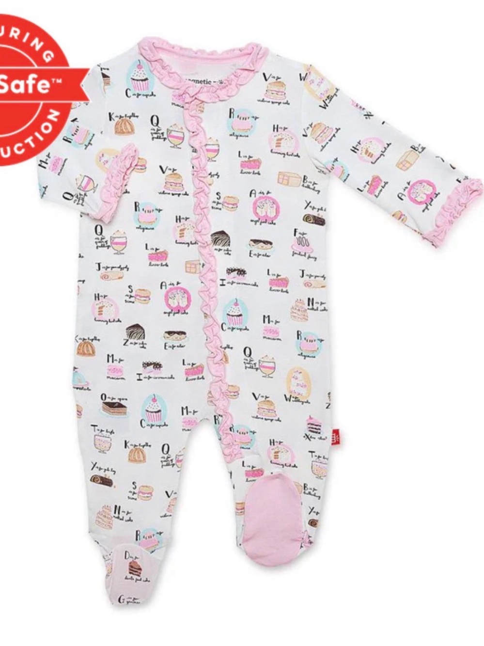 Magnetic Me White Footed One-Piece with Pink Ruffle Trim and Dessert Print